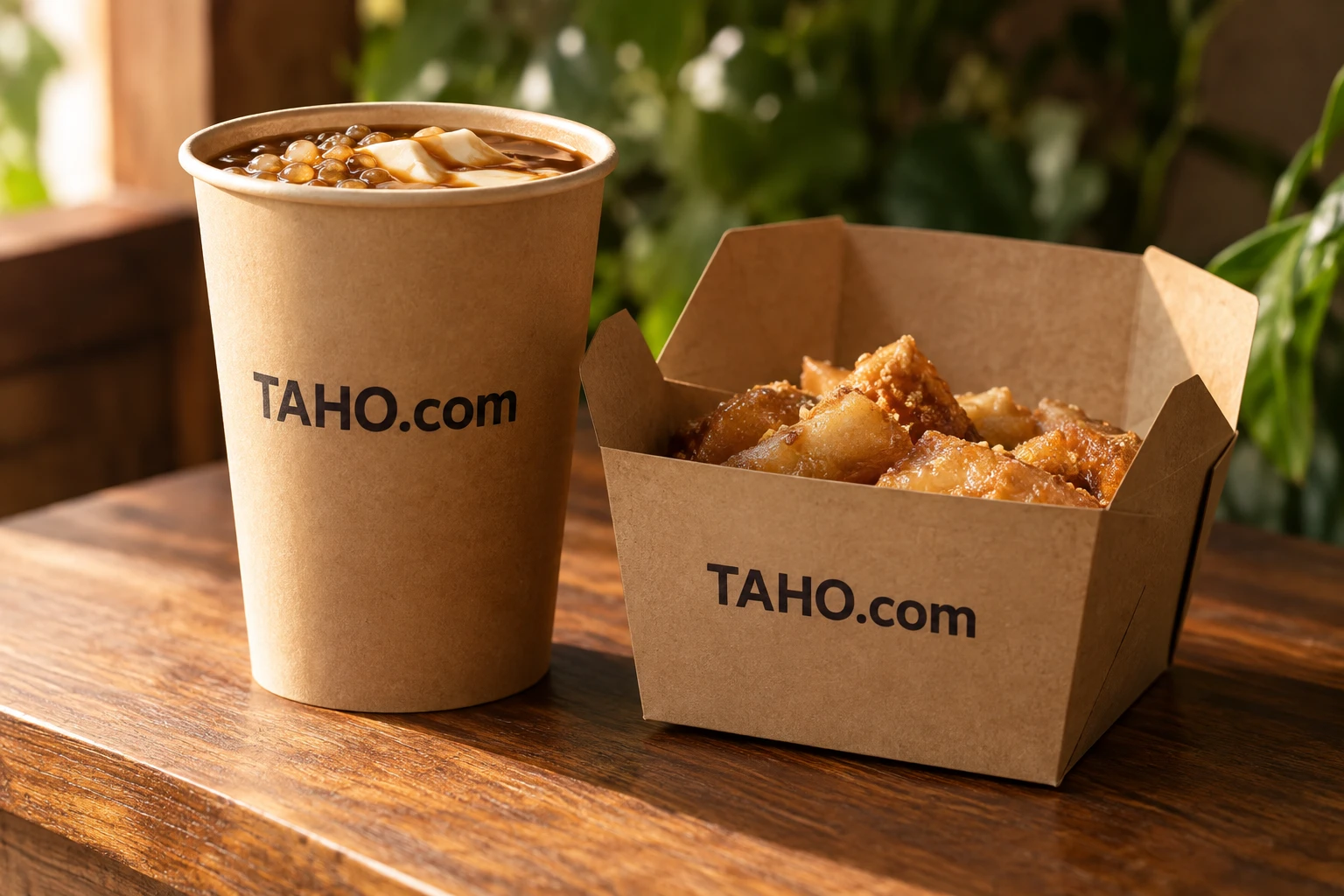 Illustrative TAHO.com cup and takeaway packaging